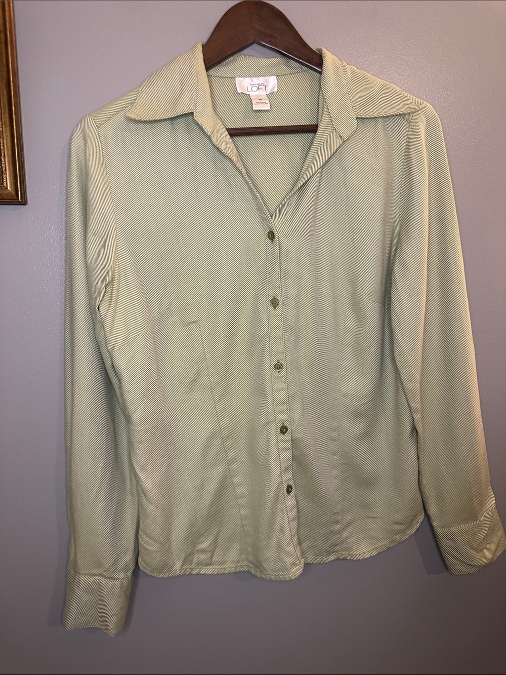 LOFT Ann Taylor Green Pinstripe Button Front Cotton Shirt Size 10 - Picture 6 of 8